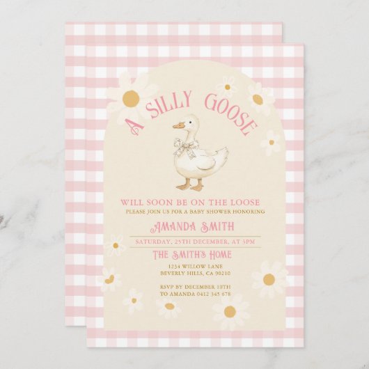 ヴィンテージデイジーガチョウ赤ちゃんシャワーピンクギンガム 招待状 (正面/裏面)