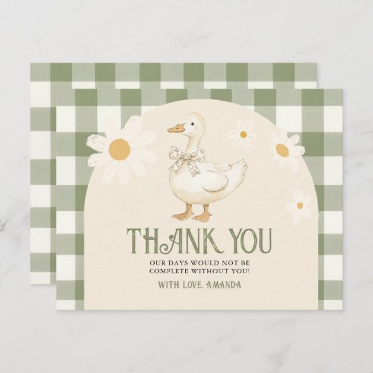 ヴィンテージデイジーグリーンガチョウ赤ちゃんシャワーギンガム サンキューカード (正面/裏面)