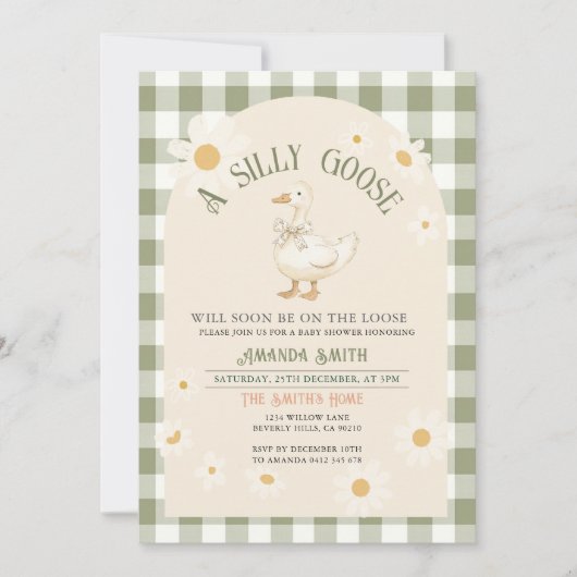 ヴィンテージデイジーグリーンガチョウ赤ちゃんシャワー 招待状 (正面)