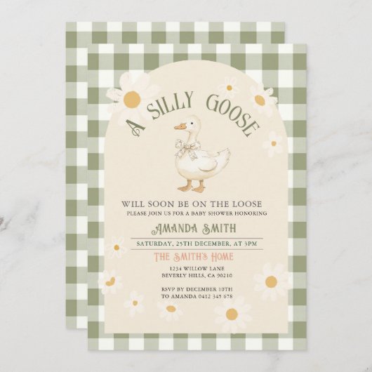 ヴィンテージデイジーグリーンガチョウ赤ちゃんシャワー 招待状 (正面/裏面)