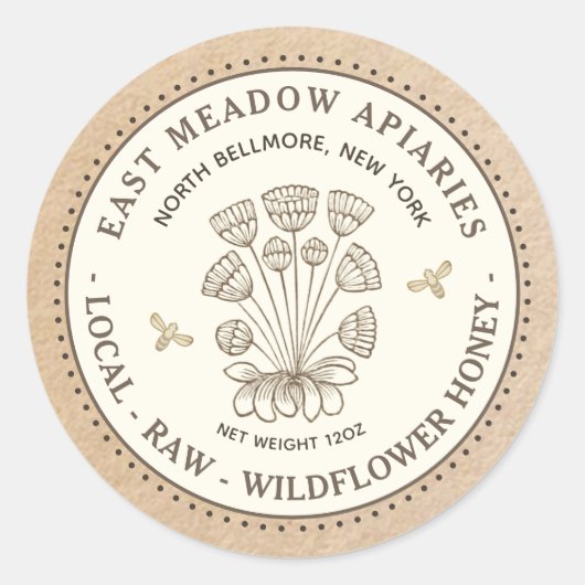 ヴィンテージデイジーフラワービーハニーラベルクラフト縁ど ラウンドシール (正面)