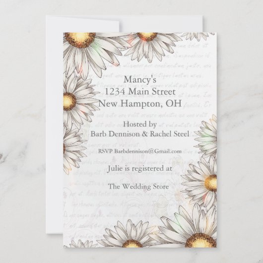 ヴィンテージデイジー書とブライダルシャワー 招待状 (裏面)