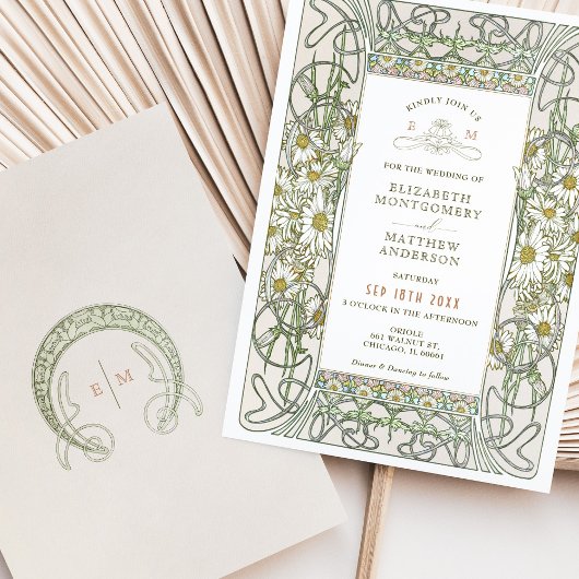 ヴィンテージデイジー結婚ズアールヌーボーバイミュシャInvit 招待状