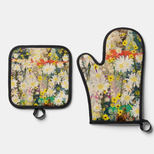 ヴィンテージデイジー-自然インスパイアフローラアート – 鍋つかみ&鍋敷きセット (正面)
