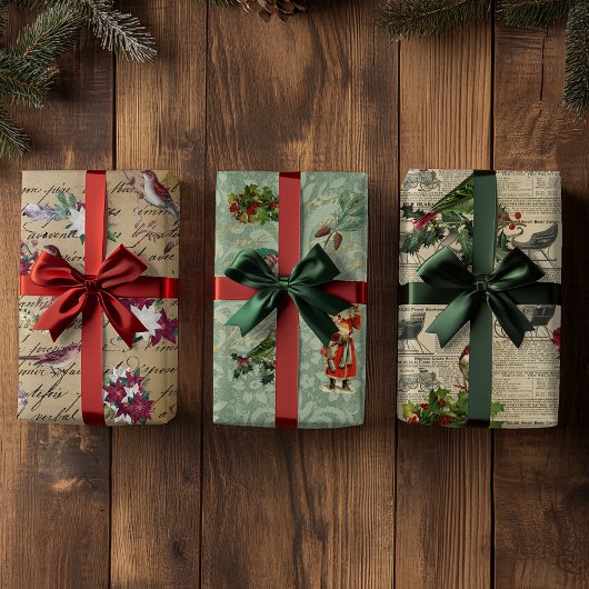 ヴィンテージデカップクリスマスホリデーバードフローラ ラッピングペーパーシート