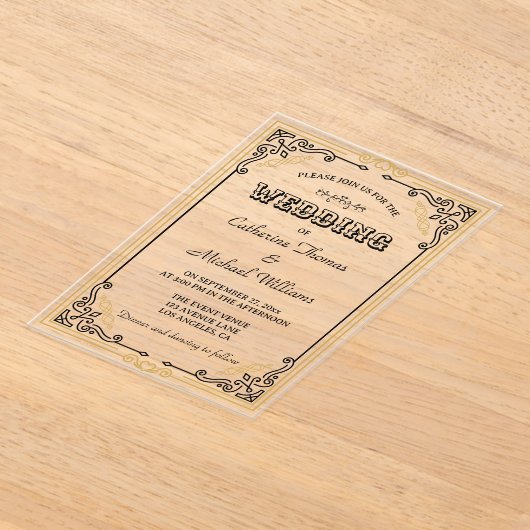 ヴィンテージデコアーエレガントト白黒結婚金ゴールド アクリル招待状 (レイダウン)