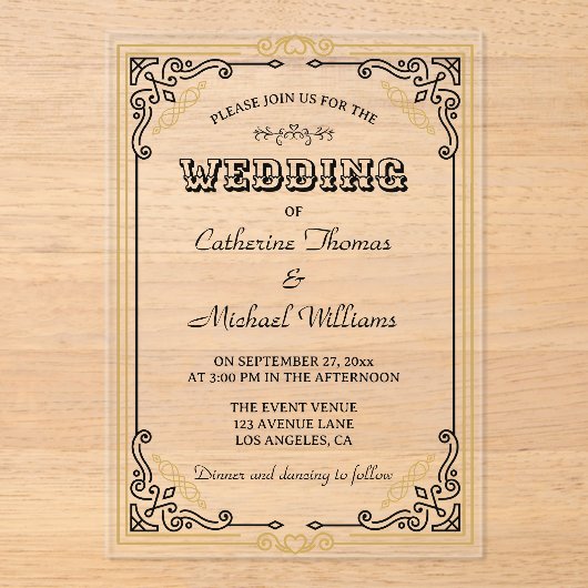 ヴィンテージデコアーエレガントト白黒結婚金ゴールド アクリル招待状 (正面)