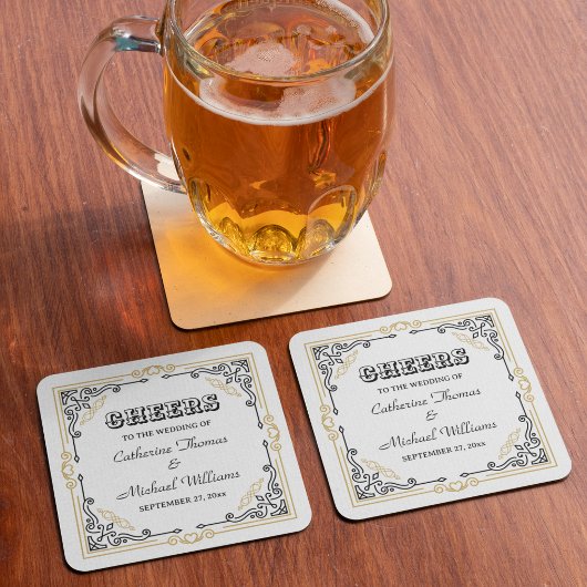 ヴィンテージデコアーエレガントト白黒結婚金ゴールド スクエアペーパーコースター