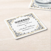 ヴィンテージデコアーエレガントト白黒結婚金ゴールド スクエアペーパーコースター (アングル)