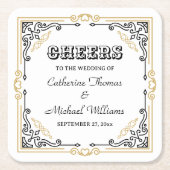 ヴィンテージデコアーエレガントト白黒結婚金ゴールド スクエアペーパーコースター (正面)