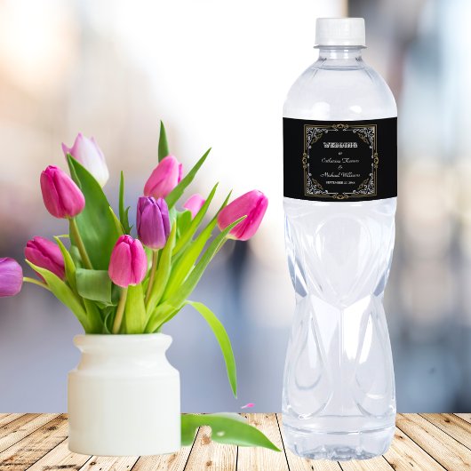 ヴィンテージデコアーエレガントト白黒結婚金ゴールド ペットボトルラベル