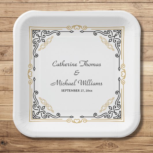 ヴィンテージデコアーエレガントト白黒結婚金ゴールド ペーパープレート