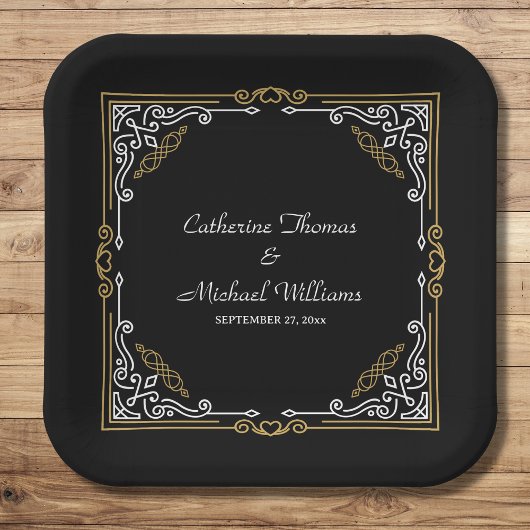 ヴィンテージデコアーエレガントト白黒結婚金ゴールド ペーパープレート