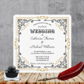 ヴィンテージデコアーエレガントト白黒結婚金ゴールド 招待状