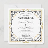 ヴィンテージデコアーエレガントト白黒結婚金ゴールド 招待状 (正面)