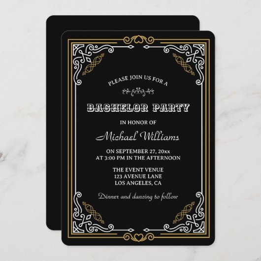 ヴィンテージデコアートブエレガントラック金ゴールドバチュラーパーティ 招待状 (正面/裏面)