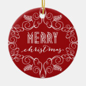 ヴィンテージデコフェスティバルの葉の赤いクリスマスフォト セラミックオーナメント (正面)
