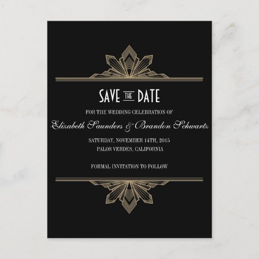 ヴィンテージデコブラック&金ゴールド保存日付 案内ポストカード (正面)