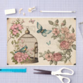 ヴィンテージデコページ紙ピンクバードチョウ 薄葉紙 (クラフト)