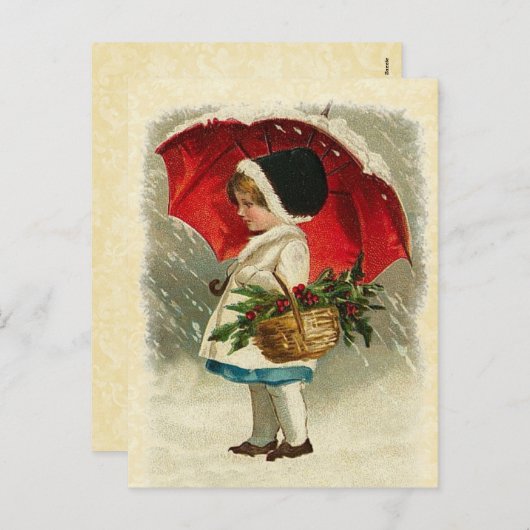 ヴィンテージデザインの女の子とクリスマス傘 シーズンポストカード (正面/裏面)