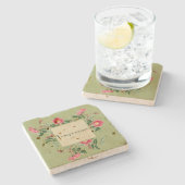 ヴィンテージデザインセージグリーンピンクローズストーンコースター ストーンコースター (横)