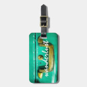ヴィンテージデザインティール(緑がかった色)タグwanderlust文字 ラゲッジタグ (正面縦)