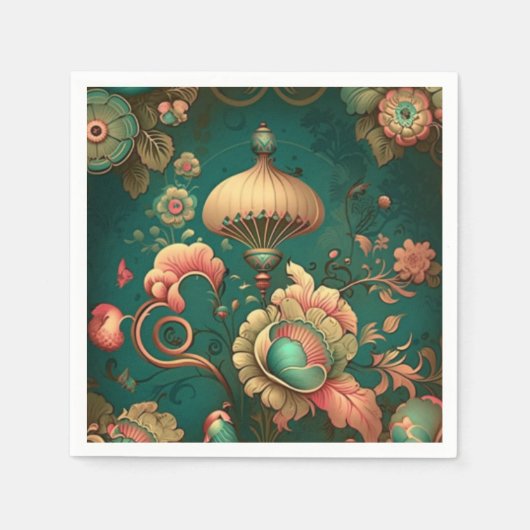 ヴィンテージデザインフローラ緑 スタンダードカクテルナプキン (正面)