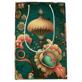 ヴィンテージデザインフローラ緑 ミディアムペーパーバッグ