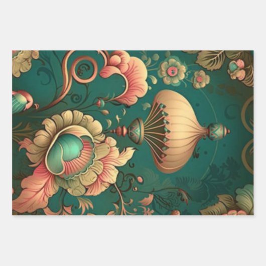 ヴィンテージデザインフローラ緑 ラッピングペーパーシート (正面)