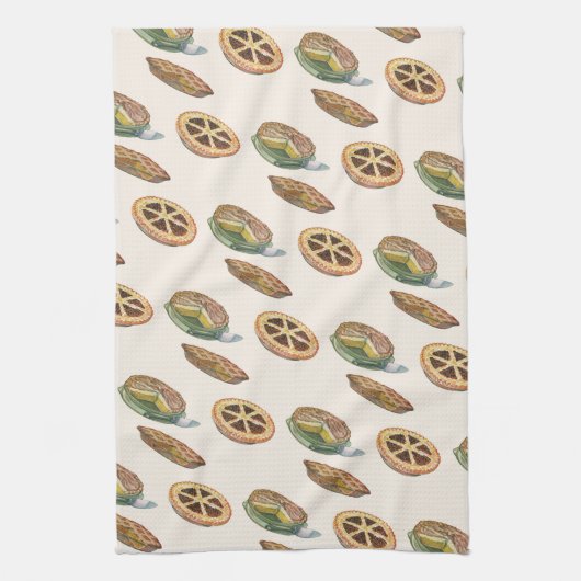 ヴィンテージデザート、感謝祭パイ、ペカンカボチャ キッチンタオル (縦)