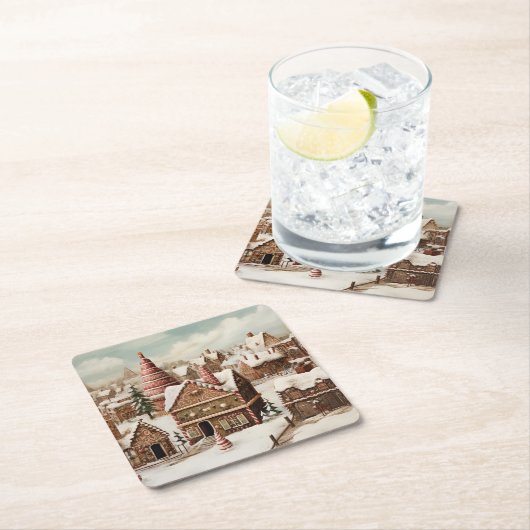 ヴィンテージデジタルジンガーブレッド村 スクエアペーパーコースター (インサイチュ)