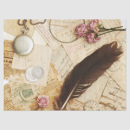 ヴィンテージデスクのトップ紙バラと羽毛 薄葉紙 (正面)