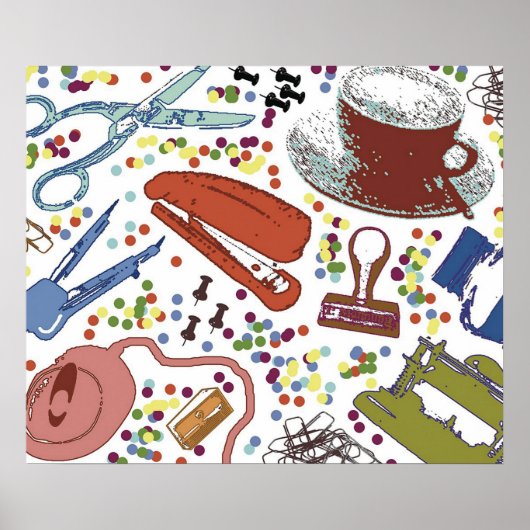 ヴィンテージデスクオフィス用品イラストレーション ポスター (正面)