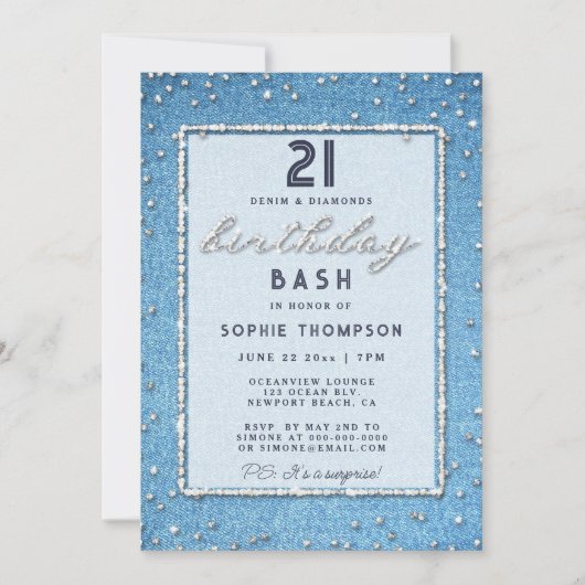 ヴィンテージデニムエレガントダイヤモンド21歳のパーティー 招待状 (正面)