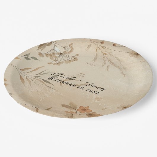 ヴィンテージデリケートフローラボタニカルボ結婚ホズ ペーパープレート (アングル)