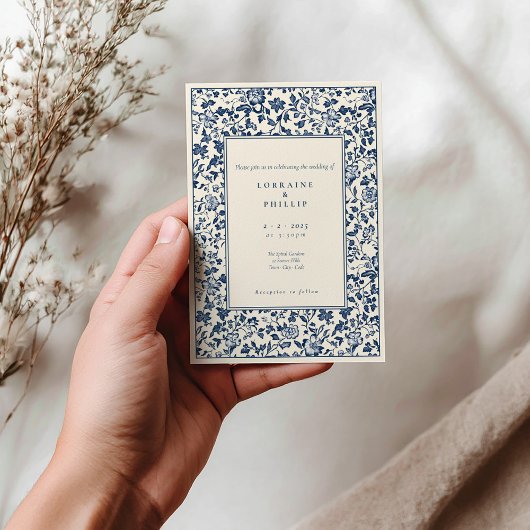 ヴィンテージデルフトウェアスタイルブルークリーム結婚フローラ 招待状