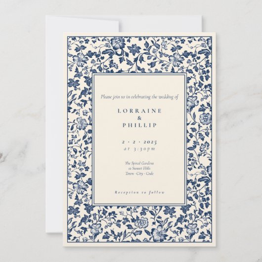 ヴィンテージデルフトウェアスタイルブルークリーム結婚フローラ 招待状 (正面)