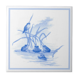 ヴィンテージデルフトブルーアールヌーボーカエル&バード タイル