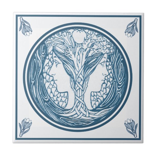 ヴィンテージデルフトブルーアールヌーボーツーレディース顔 タイル (正面)