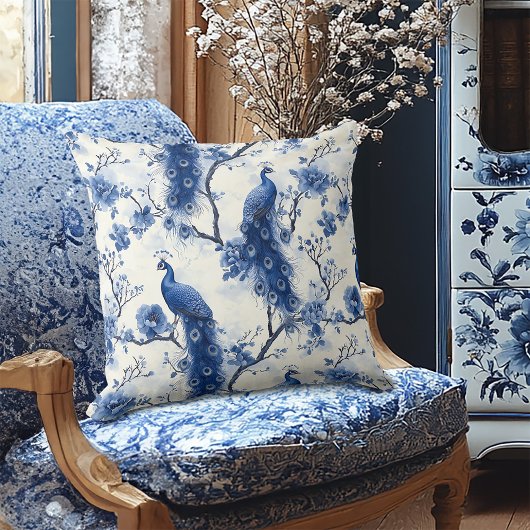 ヴィンテージデルフトブルーフローラビクトリアン孔雀 クッション