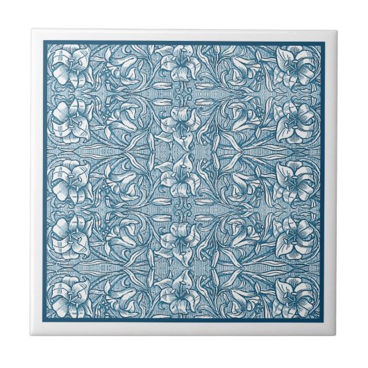 ヴィンテージデルフトブルーボタニカルリリーパターン タイル (正面)