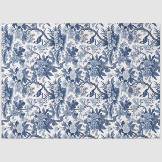 ヴィンテージデルフトブルーChinoiserie中国の鳥の花 薄葉紙 (正面)