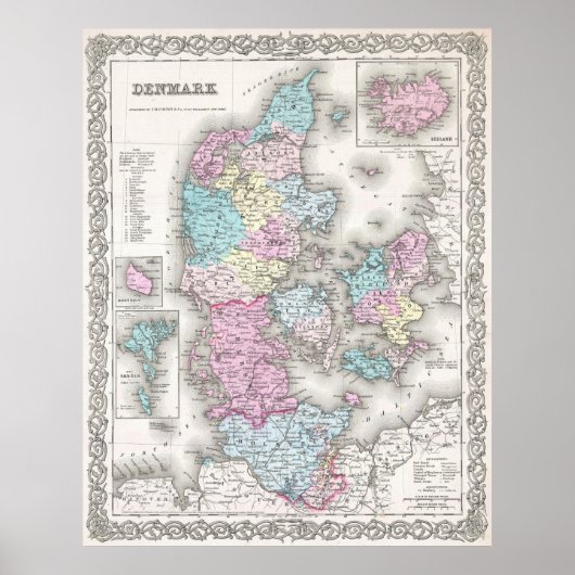ヴィンテージデンマークの地図（1855年） ポスター (正面)