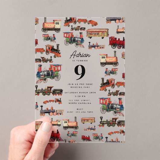 ヴィンテージトイカラフルトレイン誕生日パーティー アクリル招待状 (インサイチュ (ポータブル))