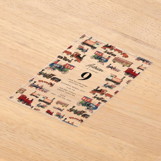 ヴィンテージトイカラフルトレイン誕生日パーティー アクリル招待状 (レイダウン)