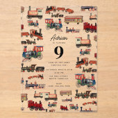 ヴィンテージトイカラフルトレイン誕生日パーティー アクリル招待状 (正面)