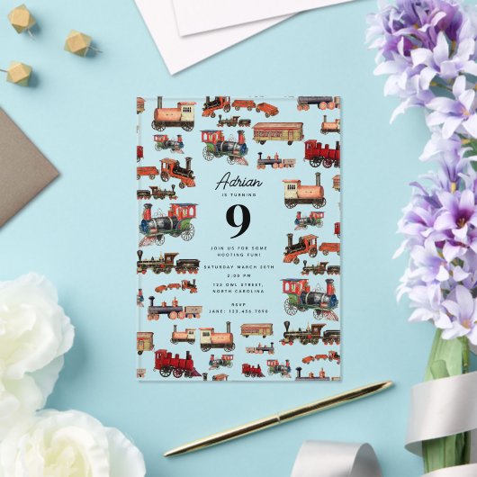 ヴィンテージトイカラフルトレイン誕生日パーティー アクリル招待状 (インサイチュ (ウェディング))