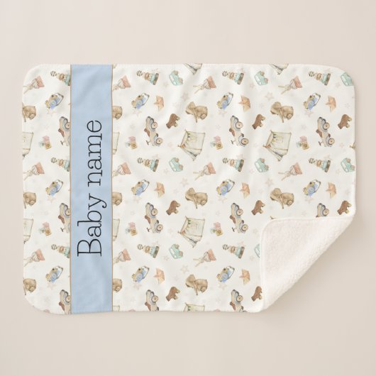 ヴィンテージトイズパターン男の赤ちゃんベビーベビーカー シェルパブランケット (正面(横))