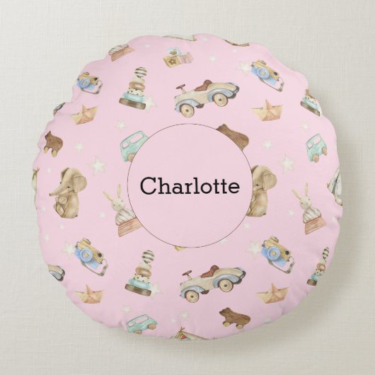 ヴィンテージトイズベビーガール子供部屋ピンク ラウンドクッション (正面)