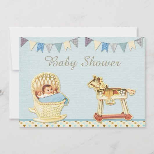 ヴィンテージトイホースベビーインクリブボーイズベビーシャワー 招待状 (正面)